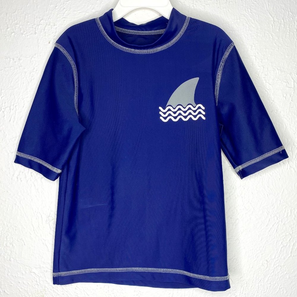 Cherokee, boy's small 6/7, short sleeved navy rash guard with shark fin and wave